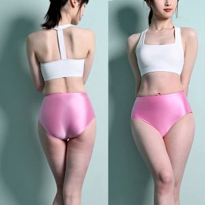 Sexy gloss bikini shorts mulheres bottoms com nádegas calças de seda cuecas oleosas troncos de natação senhoras roupa interior homens