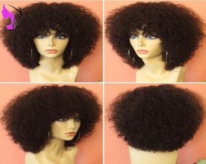 Novo afro kinky encaracolado frente do laço perucas sintéticas para preto feminino 150 densidade curto encaracolado perucas com franja peruca cap1574211