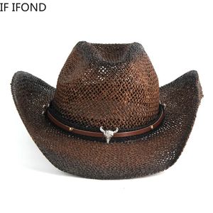 Handgjorda väver ihålig västerländsk cowboyhatt för män kvinnor sommar utomhus cowgirl strand sol strå hatt sombrero hombre 240228