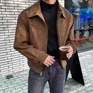 Элегантное однотонное коричневое пальто, мужское весенне-осеннее высококачественное свободное плюшевое пальто с лацканами, зимняя короткая куртка на молнии, винтажная уличная одежда 240304