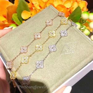Desginer Clover Fanjia Four Leaf Grass Six Flower Inlaid with Full Diamond High Edition Thick Plated V Gold Light Fashion Classic Bracelet