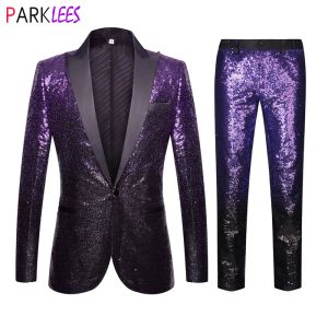 Suits Luxury Purple Sequin Shiny Suit Pants Men Peak Collar One Button Wedding 2pcs Suits Mens Party Prom Stage Singer Costume Homme