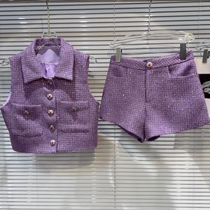 Women's purple color turn down collar tweed paillette sequined sleeveless vest coat and shorts twinset 2 pc suit SML