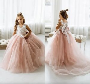 Abito da ragazza di fiore in pizzo con fiocchi per bambini, abito da principessa in tulle per la prima comunione, abito da festa di nozze