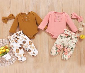 Babykläder nyfödda flickor blomma tryckkläder set långärmad romper blommor byxor pannband 3st.