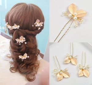 4st bröllopstillbehör Golden Bridal Pearl Hairpins Flower Crystal Rhinestone Hair Pins Clips Bridesmaid Kvinnor smycken Clippin1532701
