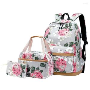 Borse da scuola Zaino in tela con fiori in stile cinese per bambini Set di borse per libri floreali Zaini per ragazze adolescenti 3 pezzi/set