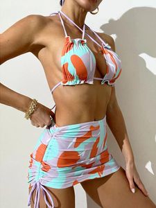 Women's Swimwear Women 3 Pcs Printed Bikini Set Swimsuit Sexy Cross Halter Padded Bra Thong Bottoms Drawstring Sarong Skirt Bathing Suit