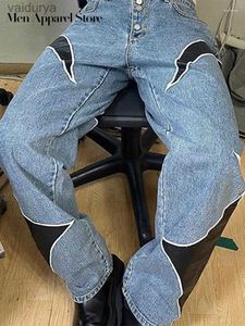 Herr pu läder baggy lapptäcke jeans klubb rak streetwear överdimensionerad unisex lastbyxor man 240308