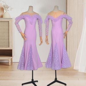 Scene Wear Modern Women's National Standard Long Sleeve Lace Wave Flower Waltz Practice Social Dance Dress