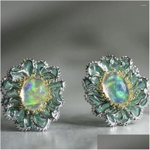 Saplama küpeleri taklit renk opal emaye damlası tutkal çiçek küçük taze yeşil gelişmiş duyu mizaç tasarımı mücevher hediye teslim dhndb