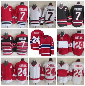 Vintage Mens # 7 Chris Chelios Hóquei Jerseys Retro 1992 # 24 Chelios Clássico Camisas Costuradas 75th C Patch Preto Vermelho Branco