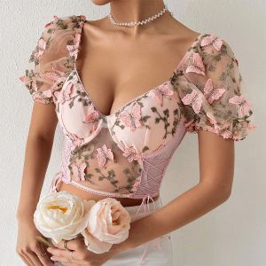 Camis 90'lar Vintage Nakış Dantel Mahsulü Üstler Kadın Seksi Pembe Mesh Tişört Moda V Boyun Boyas Baskı Decceup Bluses Y2K Street Giyin