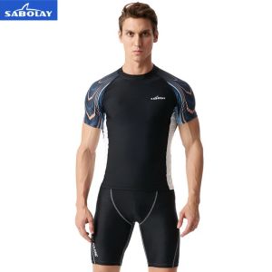 Costumi da bagno da uomo Lycra elastica Costume da bagno ad asciugatura rapida Surf Protezione solare Protezione UV Rash Guard Diving Camicia da spiaggia attillata e pantaloncini Vendite separate