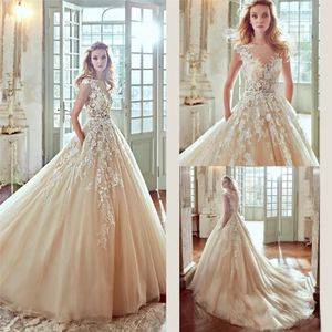 Scoop senza maniche applicazioni in pizzo con fiori abiti da sposa champagne abito da sposa vintage su misura Nuovo