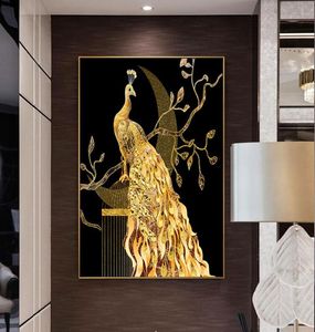 Golden Peacock Butterfly Flower Feather Bird Canvas Painting Animal Wall Art Pictures for Living Room Home Decor No Frame1605228