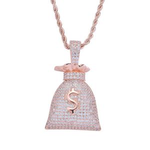 Micro Paved CZ Stone Gold Plated Money Bags Necklace Pendant with Rope Chain Men Hip Hop Bling Jewelry207t