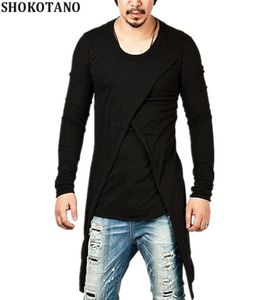 Shokotano masculino super elegante cruz em camadas cauda longa t camisa sólida manga longa tshirt espinhel andorinha bainha streetwear topos tee4727778