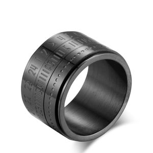 Anel de data e hora em aço titânio de 14mm, anel giratório com letras e números arábicos, anéis rotativos para homens e mulheres