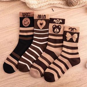 Women Socks 4 Pair Fashion Cute Cotton Breathable Japanese Style Brown Stripe Casual Girls Sweet Thickened Warm