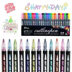 24 كولورز خط مخطط مزدوج القلم مجموعة Metallic Color Highlighter Magic Marker لطلاء الفن اللوازم المدرسية 240229