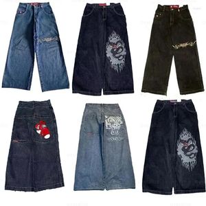 Mens JNCO Jean Streetwear Y2K 힙합 만화 그래픽 프린트 빈티지 헐렁한 검은 바지 남자 여자 높은 허리 와이드 다리 바지