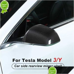 Other Interior Accessories New 2Pcs/Set Real Carbon Fiber Material Car Side Rearview Mirror Decorative Shell For Tesla Model 3 Y -2021 Dhsnt