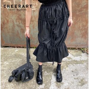 Vestidos Cheerart Desinger Saias de cintura alta Womens 2021 Outono Moda Cordão Ruched Long Midi Goth Saia com Cinto de Couro Roupas