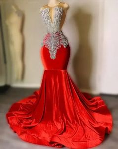 Sparkly Red Velvet Mermaid Prom Dress Beading Sheer Neck Plus Size Formal Graduation Party Dress Robe de Bal BC18249