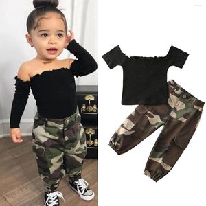 Clothing Sets Listenwind 1-6Y Children Kids Girls Clothes Set Toddler Outfits Ruffle Off Shoulder Crop Tops Camo Pants Summer D08