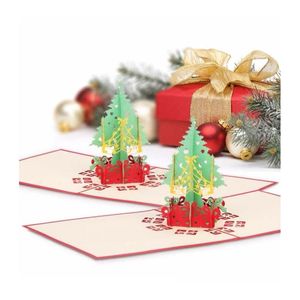 Cartões de presente Feliz Natal Cartões de presente 3D Xmas Tree Laser Pop Up Tipo dobrável Cartão para Navidad Natal Ano Novo Favores Dro Dhstl