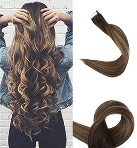 Ombre Tape in Hair Extensions Seamless Remy Hair Weft Color 2 Brown Fading to 3 and 27 Honey Blonde Dip Dyed Human Hair 40 Pcs 17369358