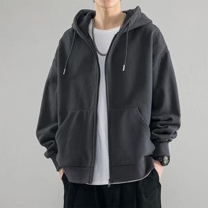 Erkek Giysiler Hooded Sweatshirt Erkekler için Katı Siyah Hoodies Tam Fermuar Yukarı Sonbahar Y2K Vintage Düşük Fiyat S 240226