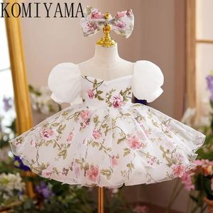 Elegante menina aniversário robe flor impressão puff manga pérolas júnior vestido de dama de honra princesa fada arco vestidos de baile 240306