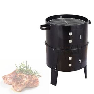 Prov tillgängligt 3 i 1 Portable Outdoor 3 Layers BBQ Vertical Barrel Smokeless Charcoal BBQ Grills rökare med termometer