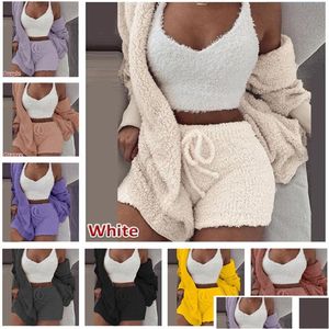 Sleep & Lounge 3Pcs Set Winter Fleece Pajamas Set Women Homewear Long Sleeve Coat Outwear Add Sleeveless Vest Shorts 3 Piece Outfits S Dh27B