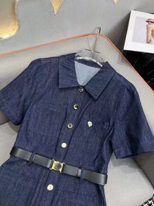 Milan Pist Elbisesi 2024 Mavi Yakası Boyun Denim Kısa Kollu İnce Kanat Kemer Uzun Elbiseler Tatil Vestidos De Festa 30813