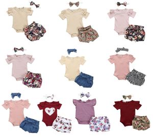 13StyleBaby Clothes Girls Solid Rompers Bowknot pannband Floral Shorts 3PCSSet Outfits Kids Jumpsuit Flower Shorts Hårband S7115553