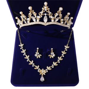 Golden Zircon Bride Crown Three-piece Set bridal accessories wedding crown tiara necklace earrings jewelry set 2406