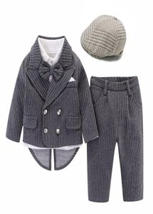 Baby Jungen Smoking Kleidung mit Hut 2021 Frühling Baumwolle Anzug Neugeborenen 1. Geburtstag Kleid 3 Stück Gestreiften Kleinkinder Outfit5025345