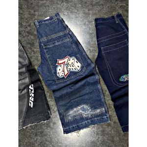 Mäns jeans retro baggy harajuku denim jnco y2k herrar kvinnor låg stigning hip hop svart raka breda ben byxor punk byxor streetwear 42 522