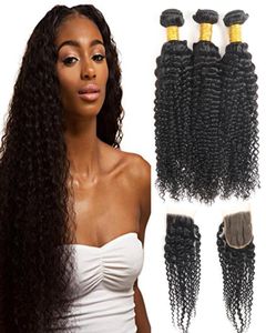 Sprzedawanie przedmiotów Kinky Curly 3 wiązki z zamknięciem Raw Virgin Peruvian Indian Malaysia Hair Extensions Unforted Kinky Curly 3717941