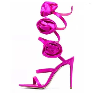 Sandals Round Head Straight Line With Rose Blossom Snake Wrapped Strap Thin Heel High Hollow Large Size For Women