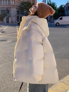 Kvinnors dike rockar koreanska vinterparka jackor fast färgrock för mode varm stor ficka huva löst kvinnliga avslappnade parkor abrigo mujer