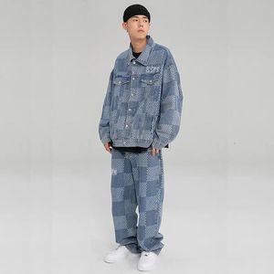 Gmiixder Hip Hop Denim 2PCSスーツメンズトレンドストリートウェアデニム格子縞のジャケットとパンクBFスタイルジーンズ男性女性2ピースセット240228