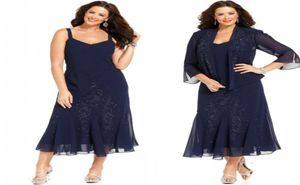 Azul marinho chiffon chá comprimento plus size mãe da noiva vestidos com jaqueta 34 mangas vestido mãe formal wear3187780