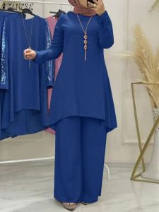 Calças eid ramadã muçulmano correspondente conjuntos de lantejoulas abaya conjunto zanzea turca blusa longa calças casuais ternos de dubai kaftan roupas islâmicas