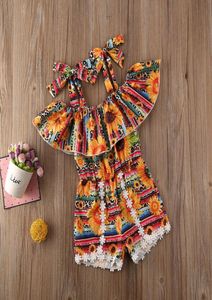 Verão crianças bebê meninas pano floral girassol bohemia boho sling bangage sem mangas macacão roupas roupas playsuit7665171