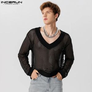 Incerun tops amerikansk stil herr mode mesh stora v-hals camiseta casual seing-through manlig långärmad t-shirts s-5xl 240220