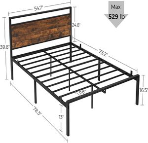 Estrutura de cama de metal em tamanho real com cabeceira, sem caixa de mola, plataforma necessária, armazenamento embaixo da cama, estilo industrial 3013757